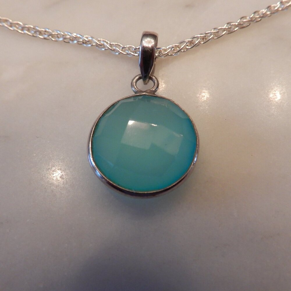 Round Sterling Siler and Pale Green Chalcedony Pendant and Silver Wheat Chain